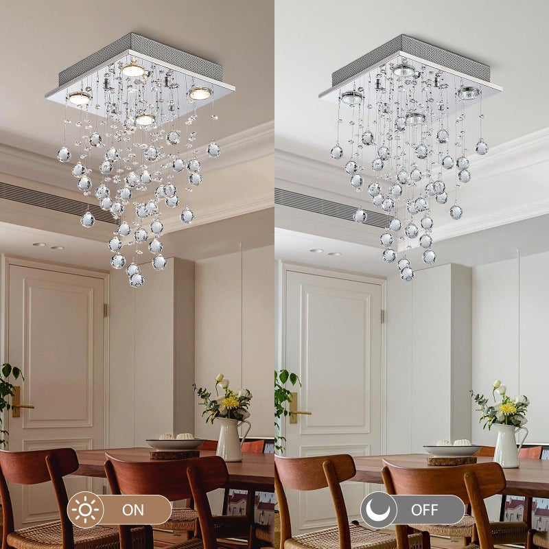 Bestier Chrome Modern Crystal Square Raindrop Chandelier Lighting Flush Mount LED Ceiling Light Fixture Pendant Lamp for Dining Room Bathroom Bedroom Livingroom 4 GU10 Bulbs Required 12" Wide 20" High - Image 5
